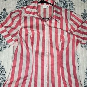 Unique Vintage Striped Button Up Women M Pink Excellent Retro Rockabilly Blouse